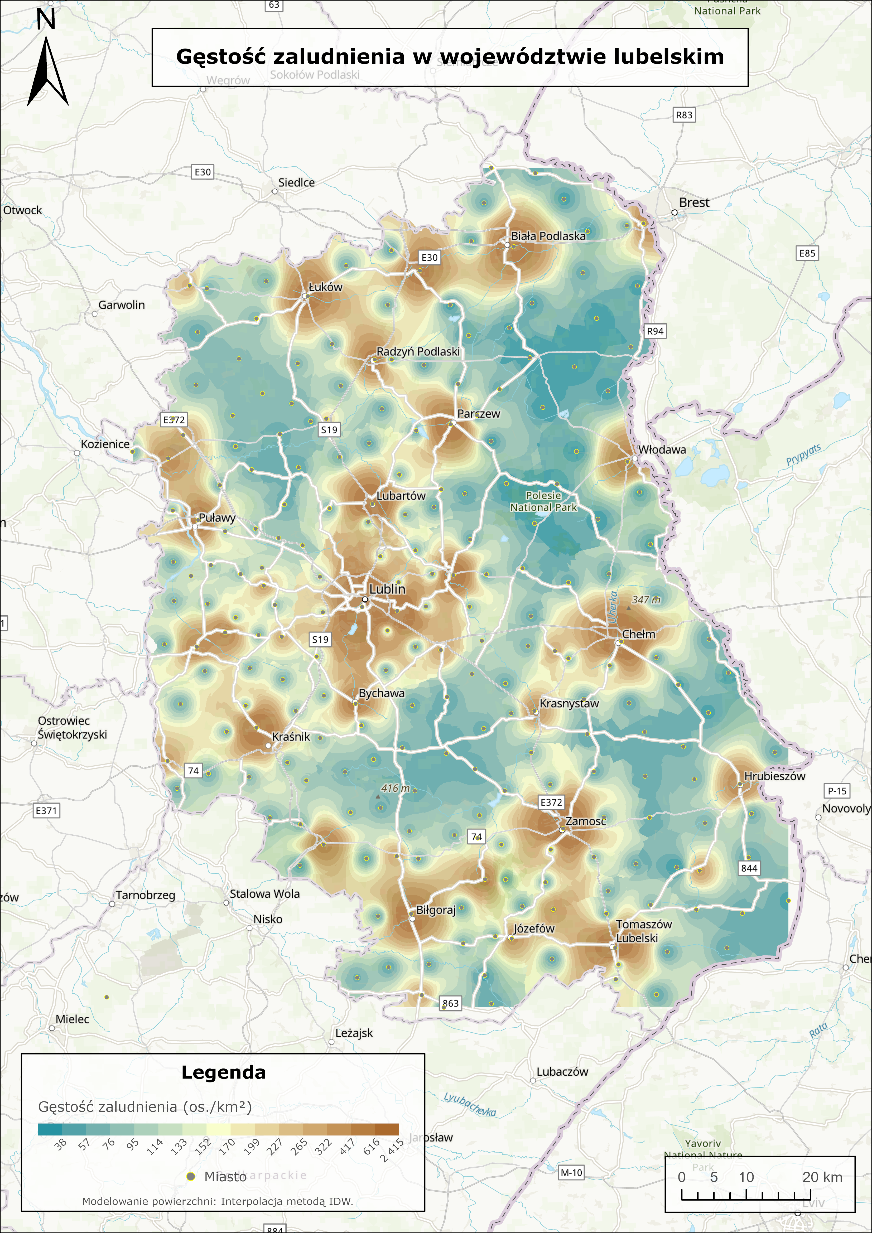 Mapa gęstości zaludnienia w województwie lubelskim